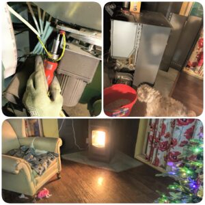 Three up collage showing a gloved hand holding a screwdriver in a too small space. A disassembled pellet stove and a re-assembled burning pellet stove.