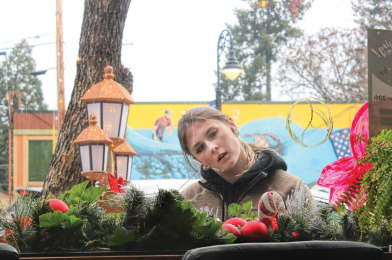 Photo of a high school student looking through a partially painted window, head tilted to the left as she decides what to paint next.