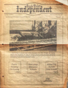 photo of the front page of the second edition of the Upper Rogue Independent (titled the Eagle Point Independent in the photo).