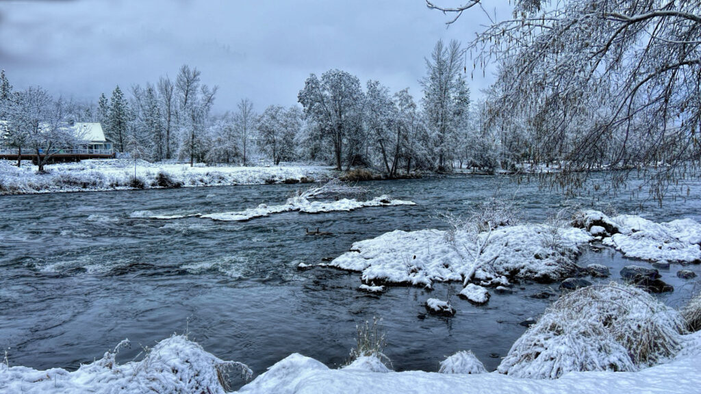 photo of a river the banks, islands in the river and trees dusted with snow. there is a snow covered home on the left side.