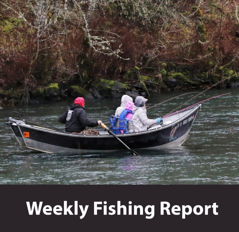 photo of two women and a young girl along with a fishing guide in a drift boat on the Rogue River. The text reads "Weekly Fishing Report"