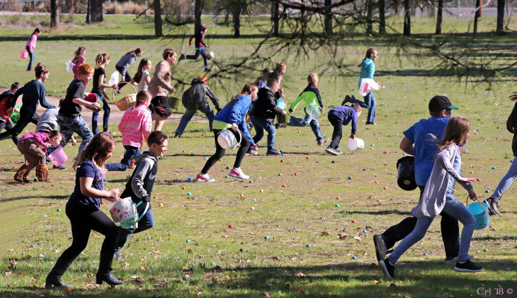 Photo of 25 children running across a lawn scattered with brightly colored plastic easter eggs.