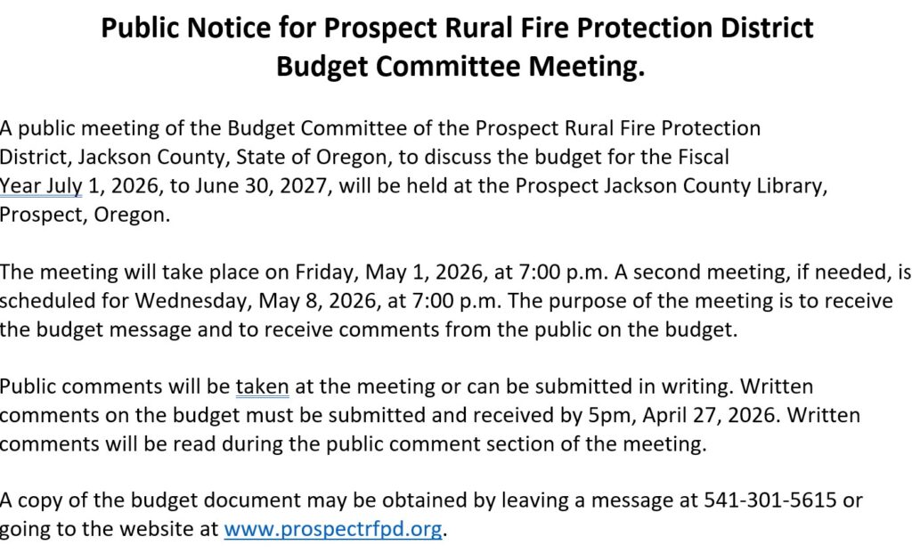 notice for may 1 and may 8 prospect fire district meeting.
