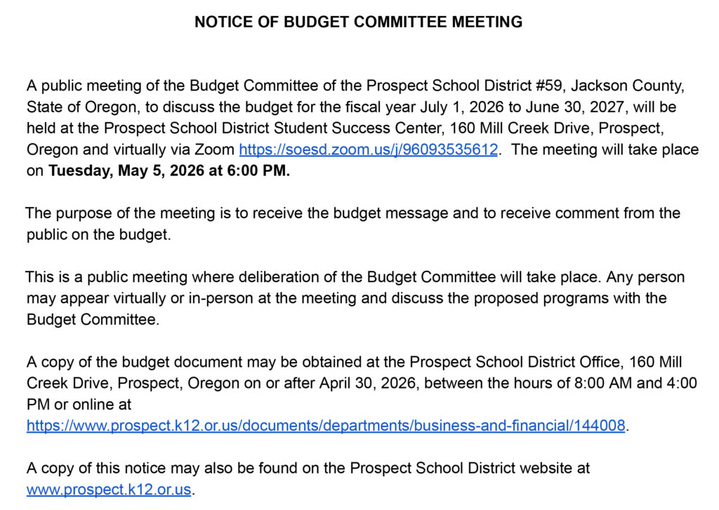 notice for may 5 prospect school district budget meeting.