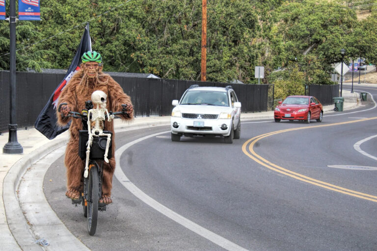 photo of sasquatch riding a bicycle on a city street. he has a small skeleton on the handlebars and a ghost busters flag on the back.