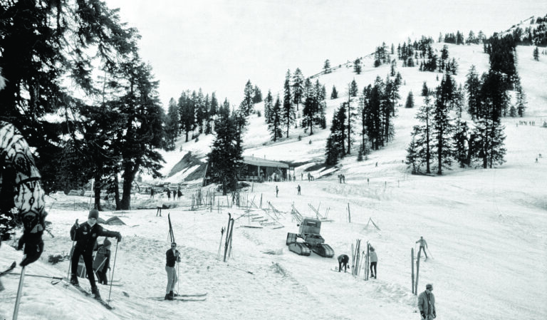 black and white photo of skiiers at an oregon resort in the 60s.