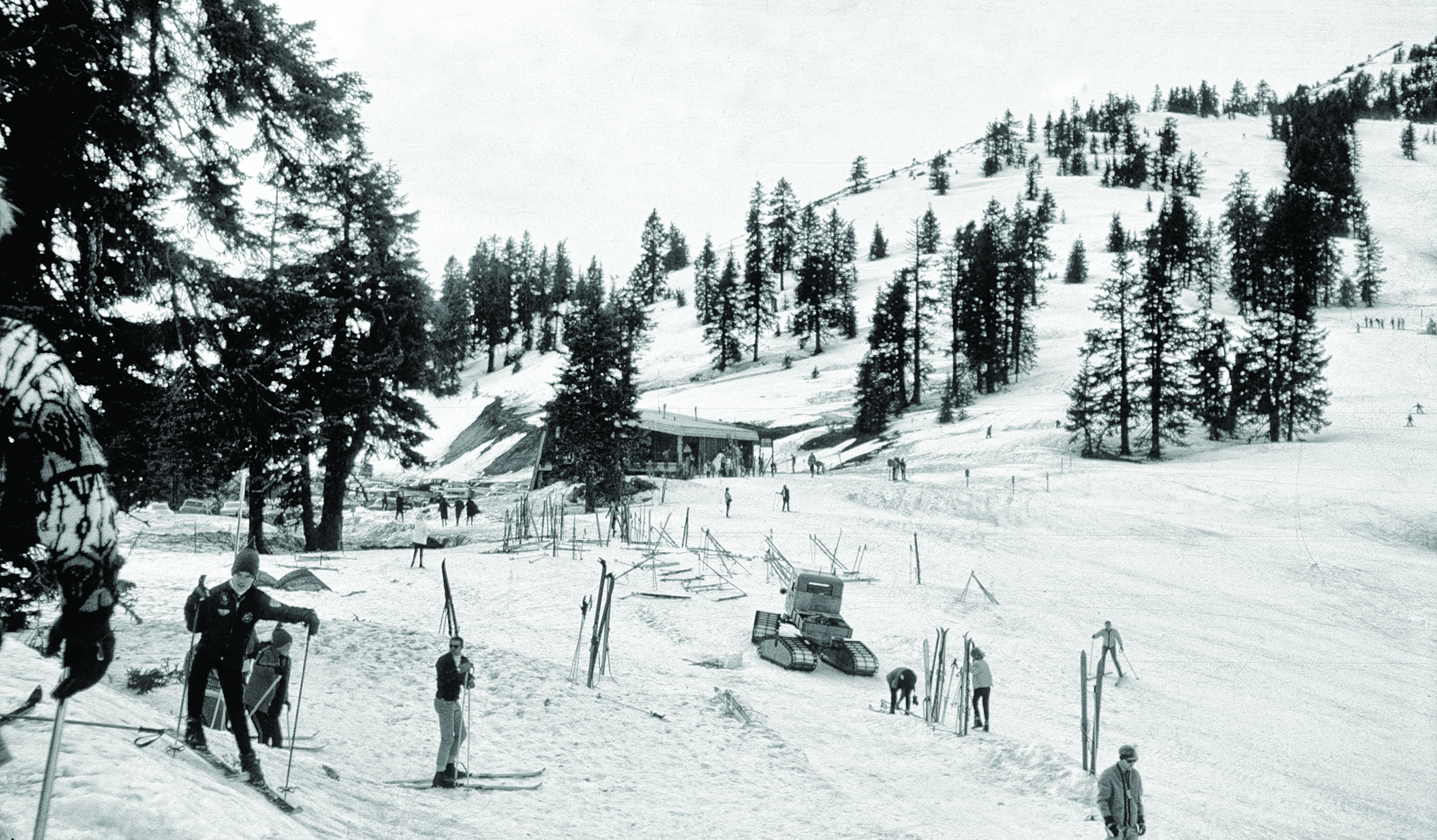 black and white photo of skiiers at an oregon resort in the 60s.