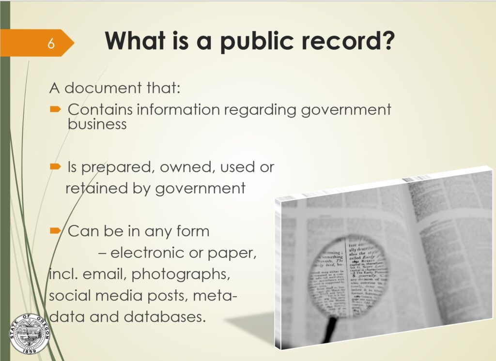screen grab from the state of Oregon's "Public Records 101" document giving examples of public documents.