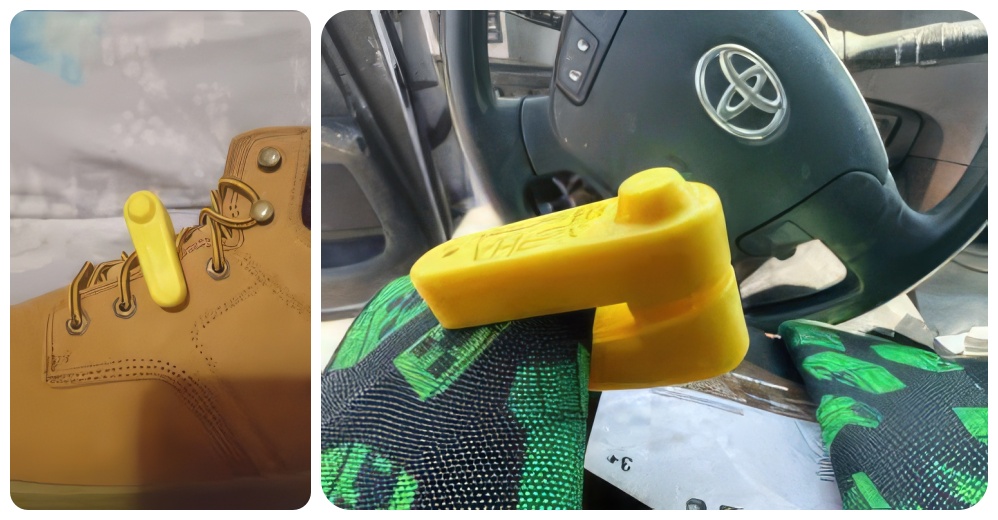 two up collage showing walmart yellow security tags on a boot and a bag.