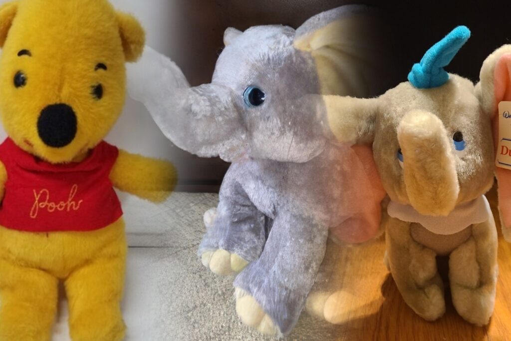 collage of a Sears winnie the pooh plushie, a blue elephant plushie and a Disney official Dumbo plushie.