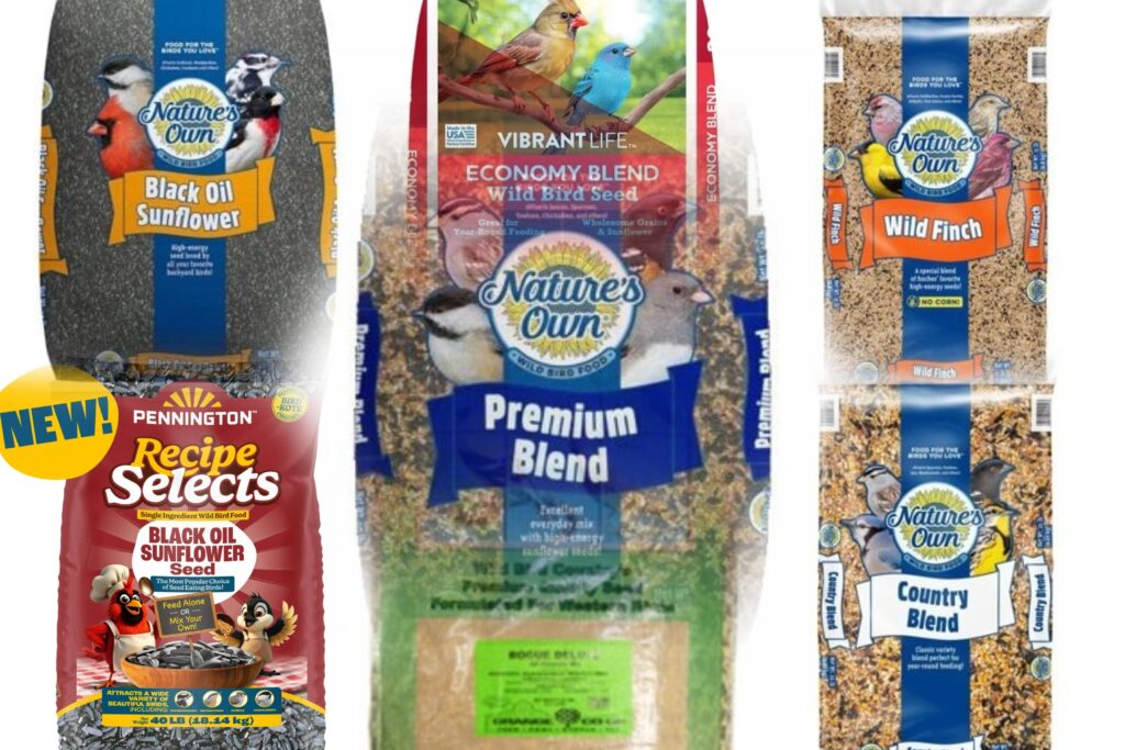 collage of seven bags of wild bird seed brands available at local retailers.