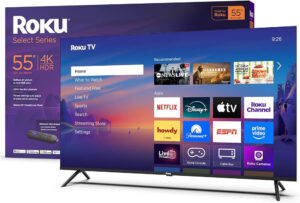 photo of a smart TV with a "Roku" brand in the upper corner.