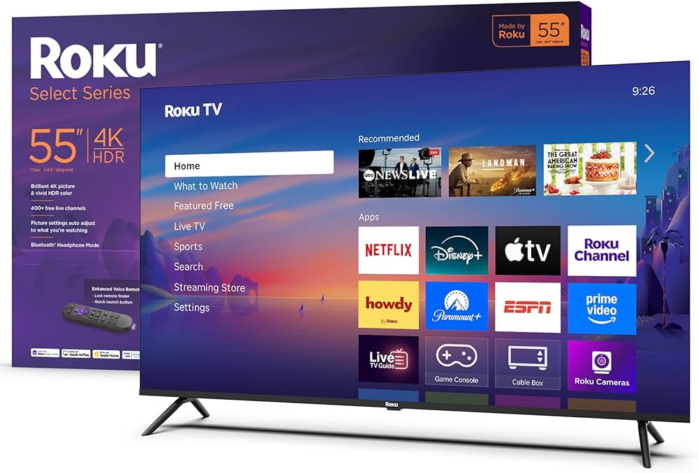 photo of a smart TV with a "Roku" brand in the upper corner.