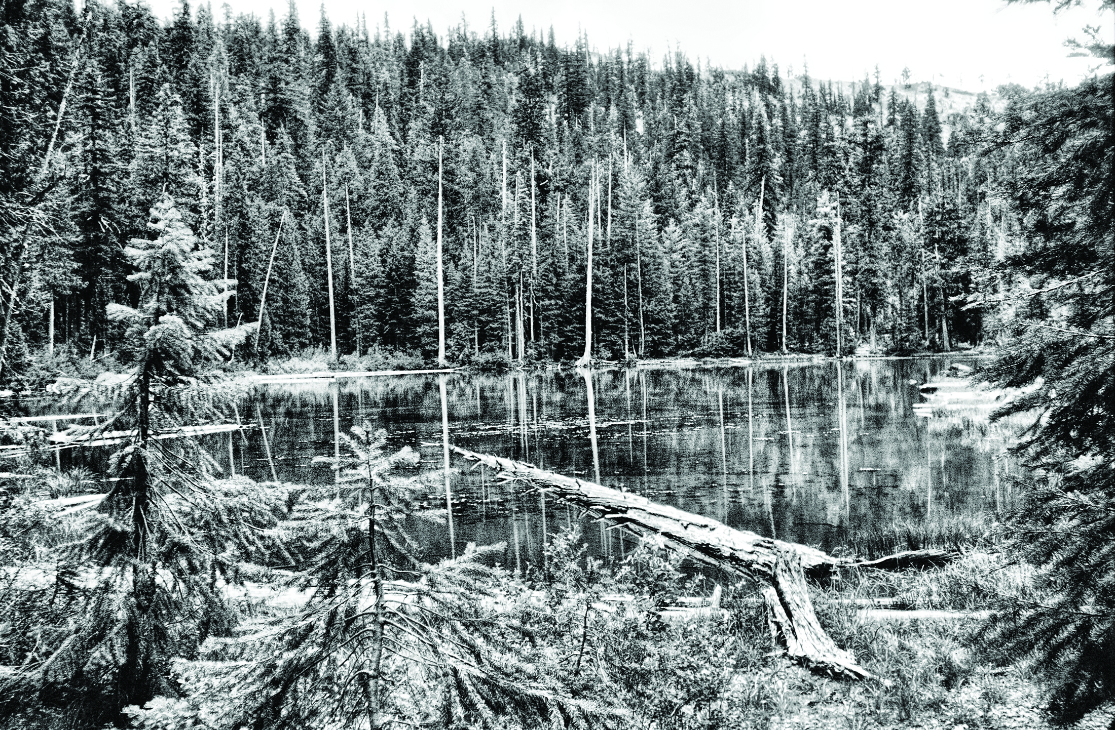 black and white photo of a mountain lake.