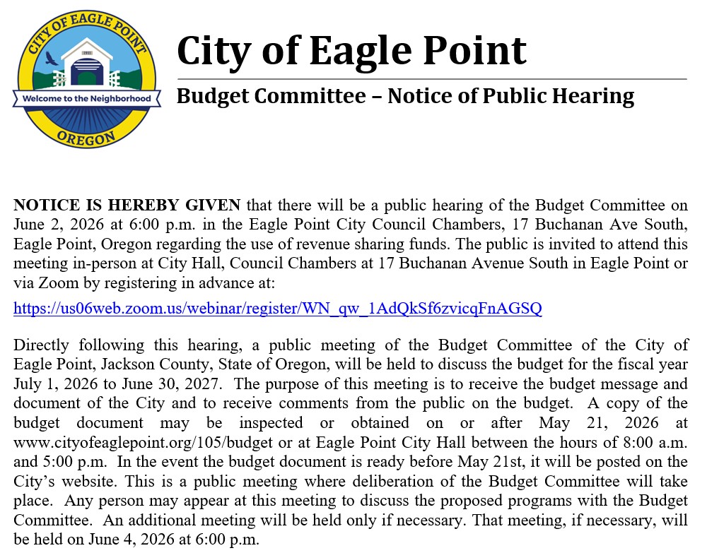 notice for the Eagle Point June 2 budget meeting