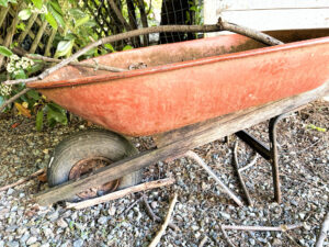 photo of a worn out wheelbarrow.