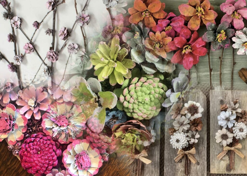 collage of various finished craft pieces made with pinecones painted like flowers.