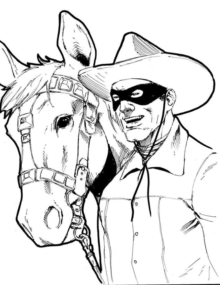 black and white drawing of the Lone Ranger and Silver.