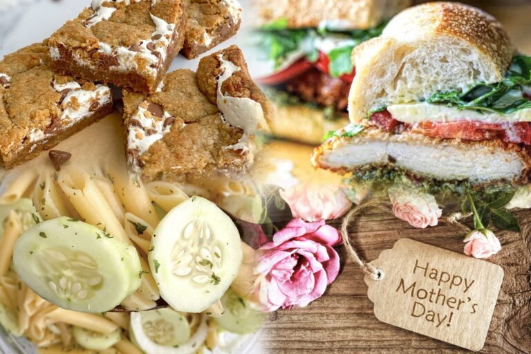 collage of the finished foods from this week's recipes and a "happy mother's day" sign.