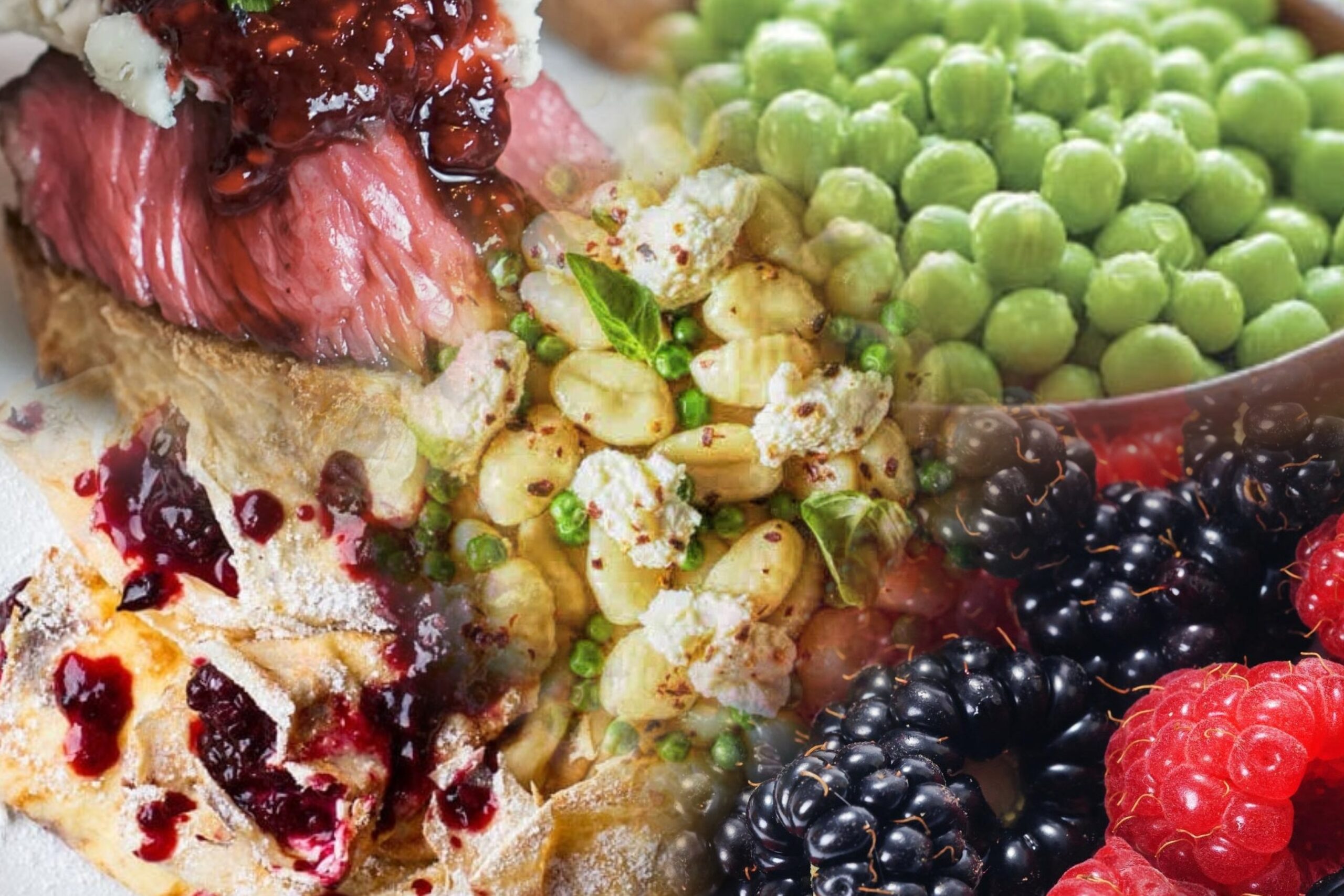collage of the completed recipes in this column along with fresh blackberries and frozen peas.