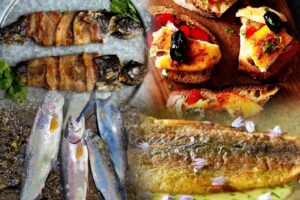 four up collage of the completed dishes in this week's recipes a well as a string of freshly caught trout.