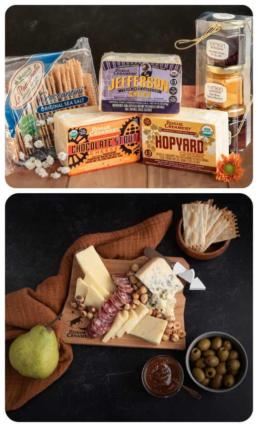 two up collage of rogue creamery food gift sets.