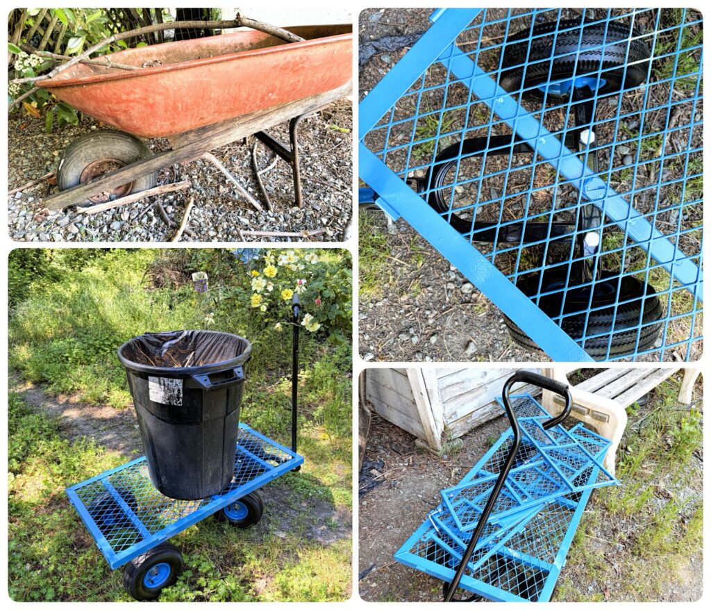 four up collage, three of a blue garden cart one of a dilapidated wheelbarrow.