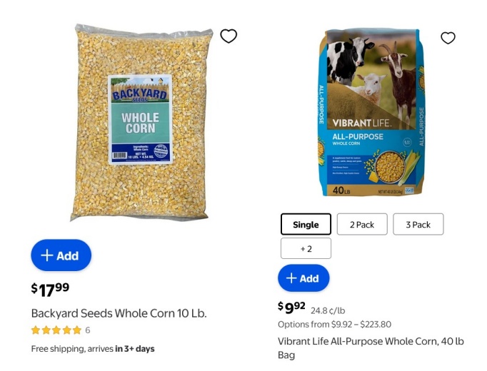 two up collage showing price difference for whole kernel corn marketed for wild backyard birds and whole kernel corn marketed for livestock.