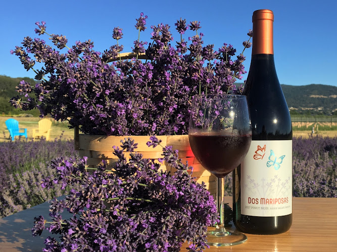 Photo of a bottle of wine and a basket and extra bunch of lavender.