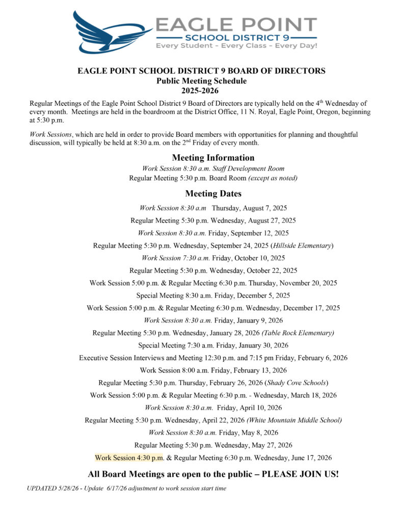 Eagle Point School District 25/26 meeting schedule.