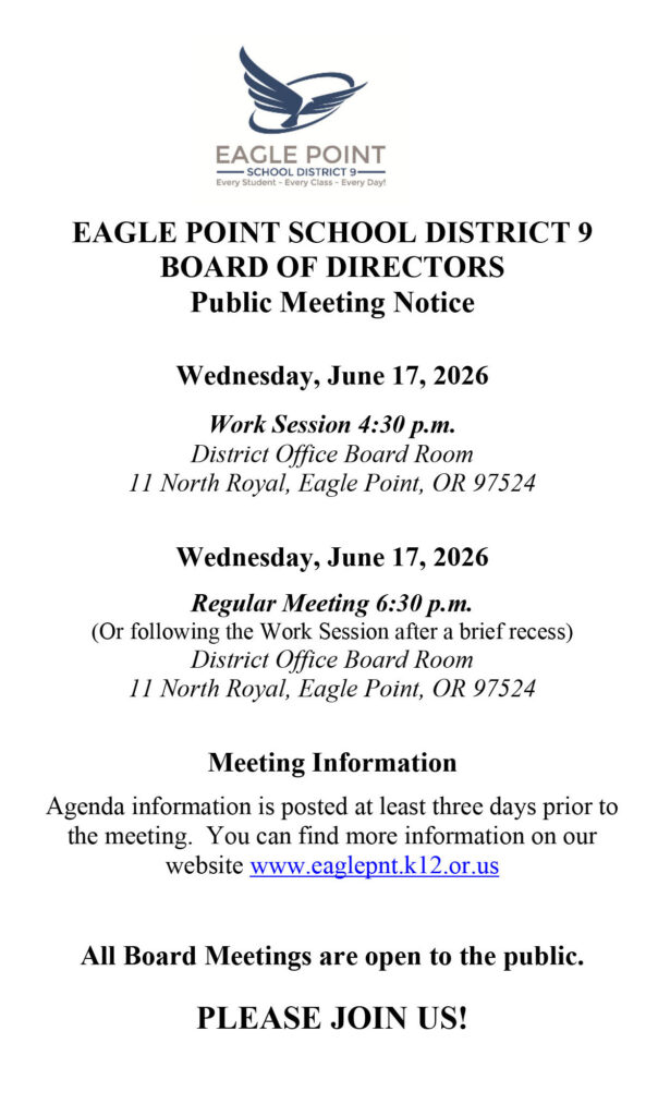 notice for Eagle Point School District June 17 meeting.