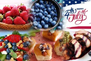 collage of completed recipes from this column as well as fresh strawberries and blueberries and a Happy 4th of July sign.