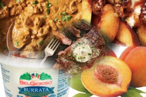 collage of the finished recipes from this week as well as Burrata cheese and fresh peaches.