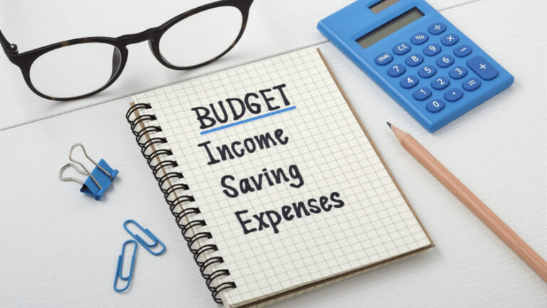 graphic for budget with calculator, glasses, pencil and note pad.