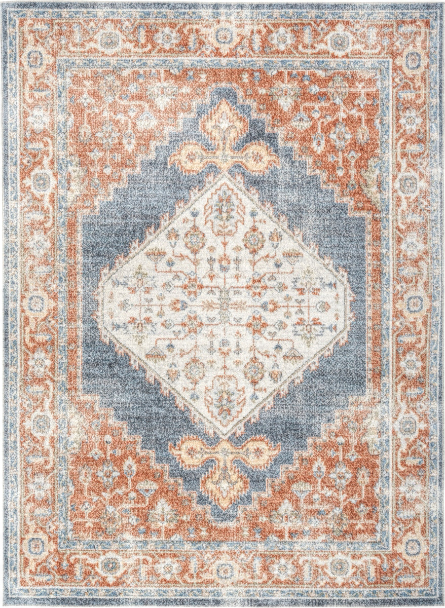 photo of a muted red, blue and cream patterned washable area rug.