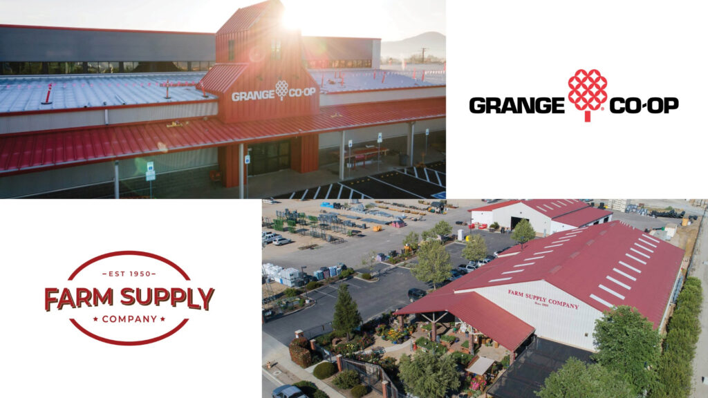 four up collage of grange co-op and Farm Supply stores and logos.