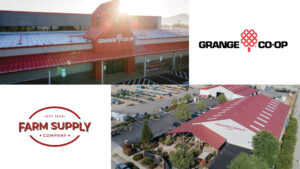 four up collage of grange co-op and Farm Supply stores and logos.