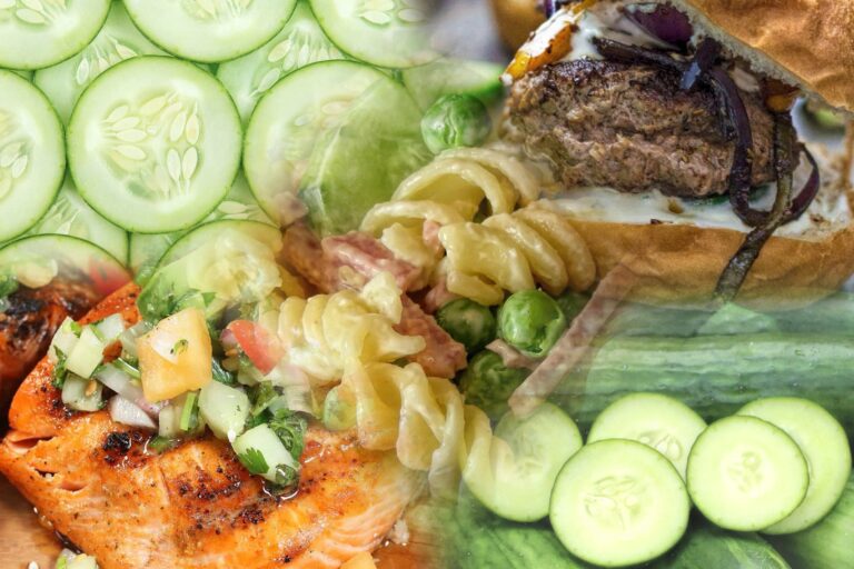 collage of the completed recipes in this article and some fresh cucumbers.