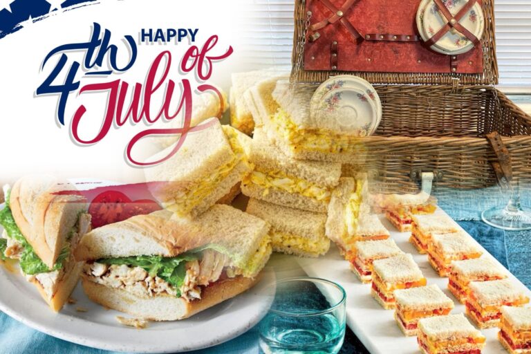 collage of the completed recipes in this column plus a picnic basket and a "Happy 4th of July" sign.
