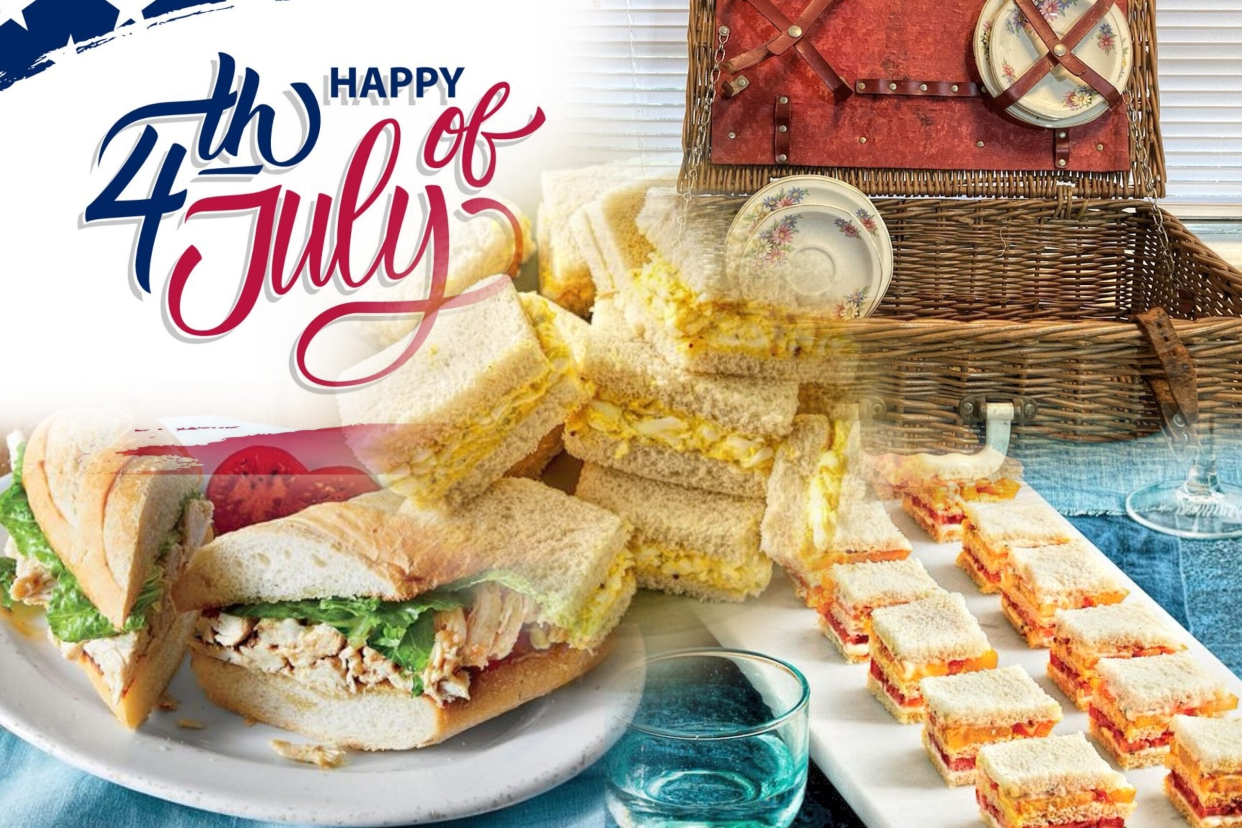 collage of the completed recipes in this column plus a picnic basket and a "Happy 4th of July" sign.