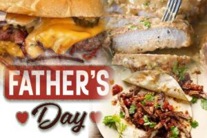 collage of the finished recipes in this column and a sign reading "father's day"