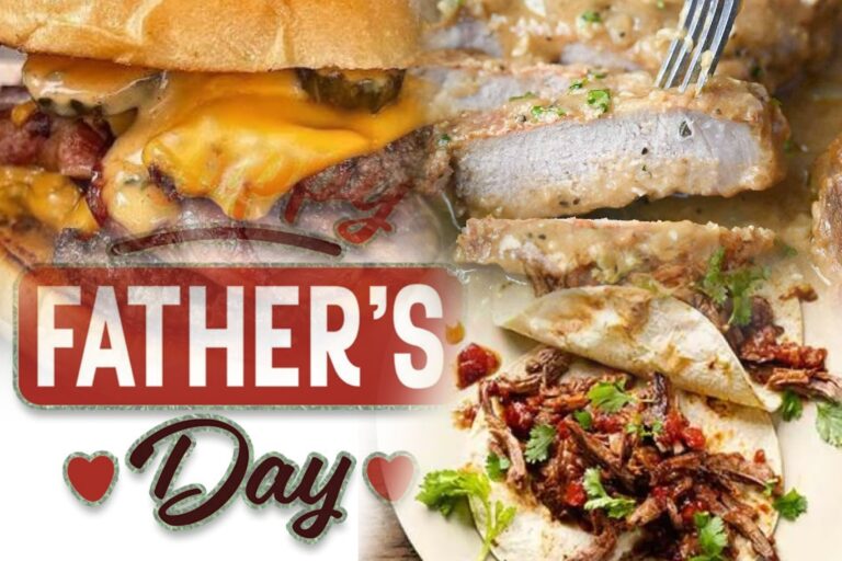 collage of the finished recipes in this column and a sign reading "father's day"