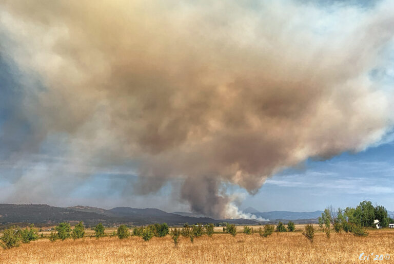 photo of wildfire smoke in low hills beyond dry grassland.