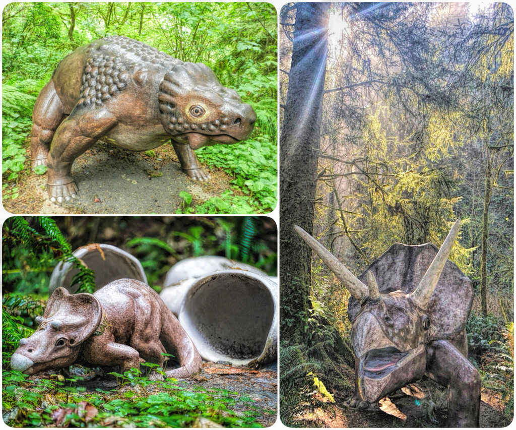 three up collage of different dinosaur statues at the Prehistoric Gardens