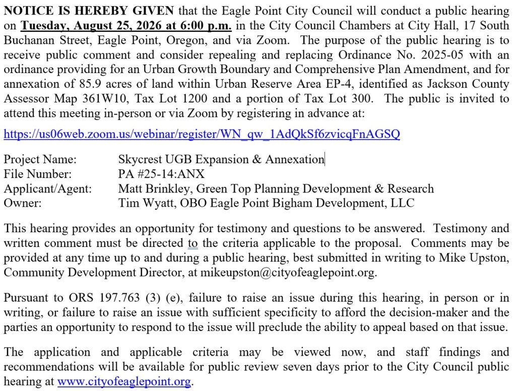 public notice for the aug. 25 eagle point city council public hearing.