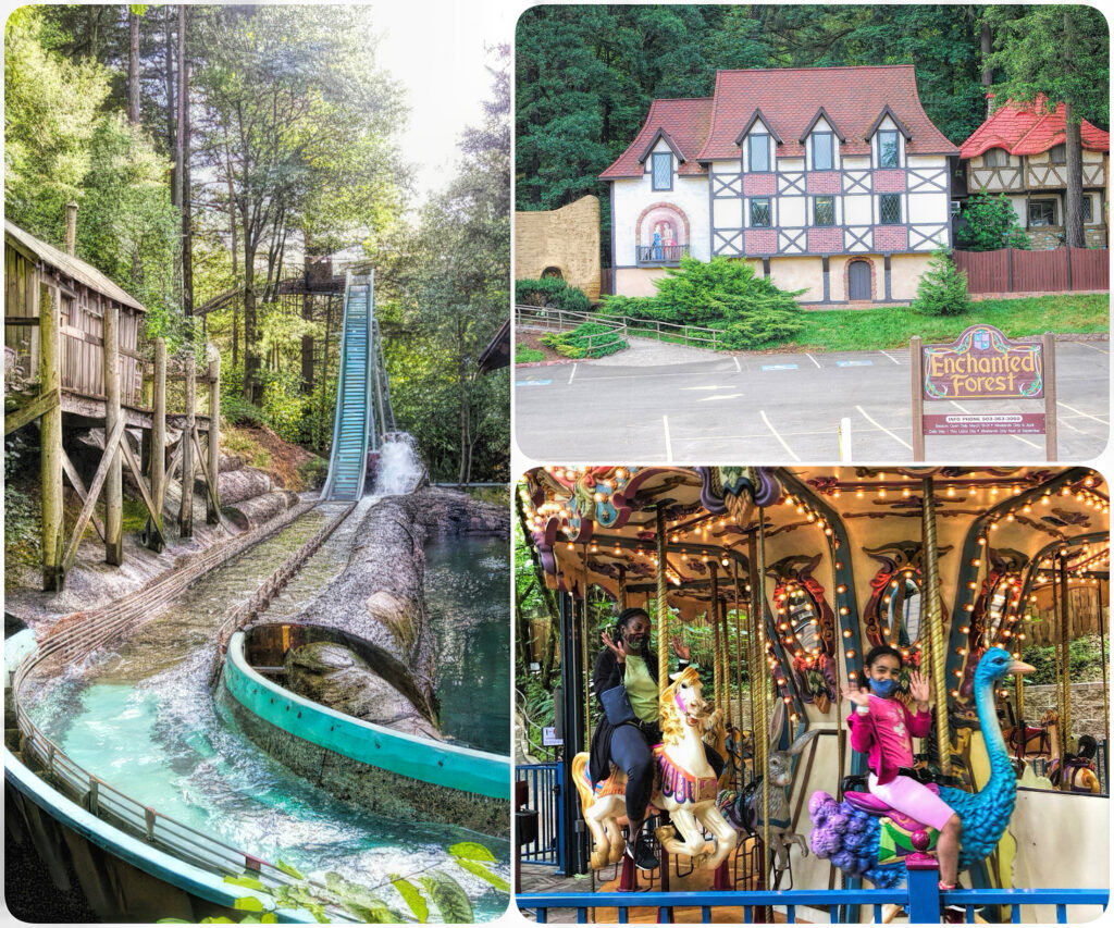 three up collage of the front of the Enchanted Forest park, the log ride and the carousel.