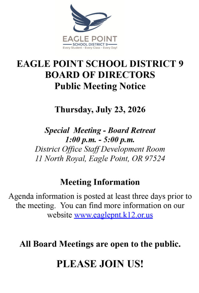 public notice of the eagle point school district 9 board meeting July 23