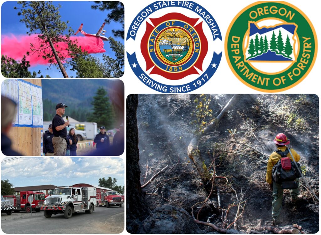 collage of firefighters, fire planes, fire trucks and logos.