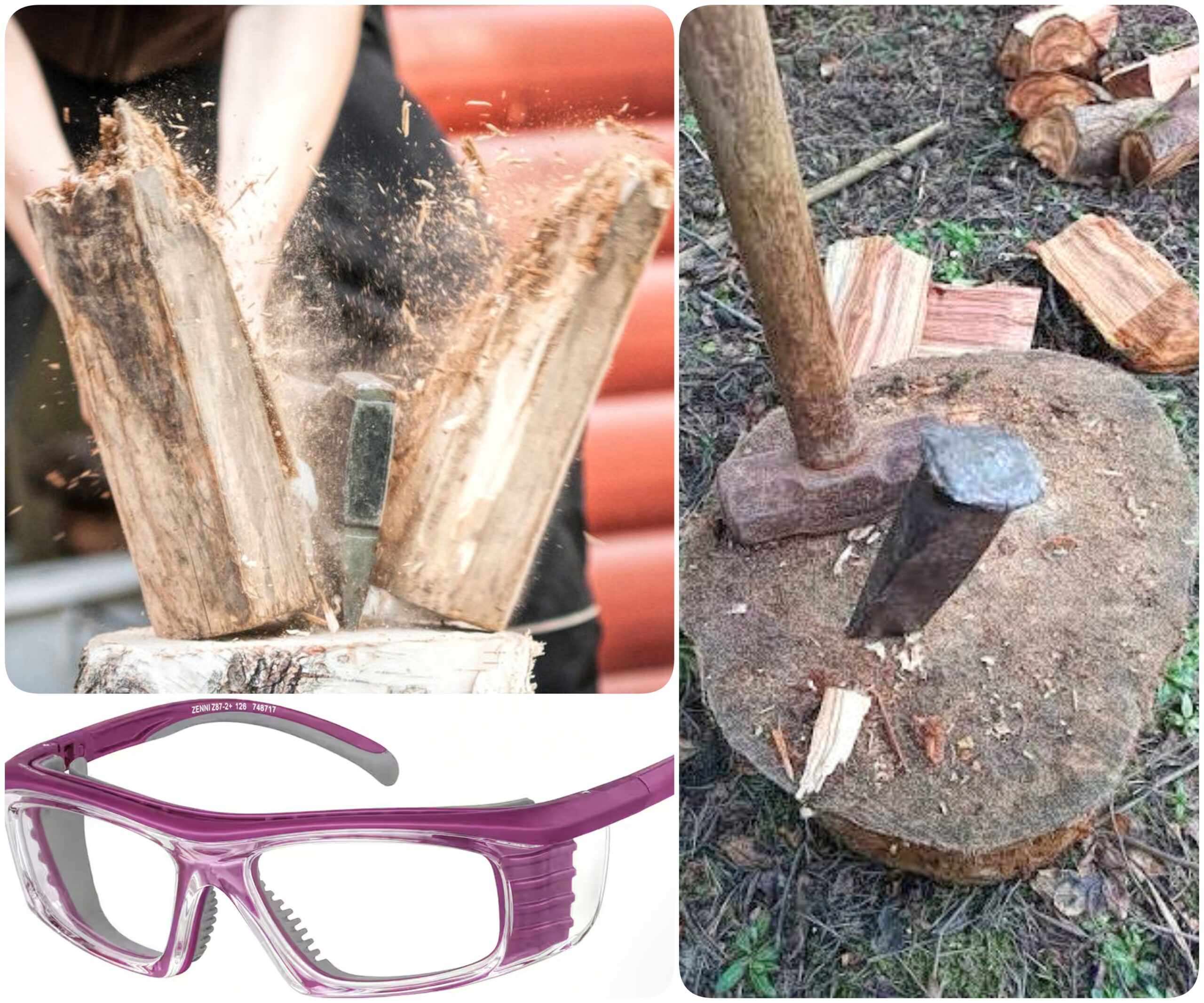 three up collage of a log being split with an axe, a log round with a steel splitting wedge and a sledgehammer and pink, fashionable safety glasses.