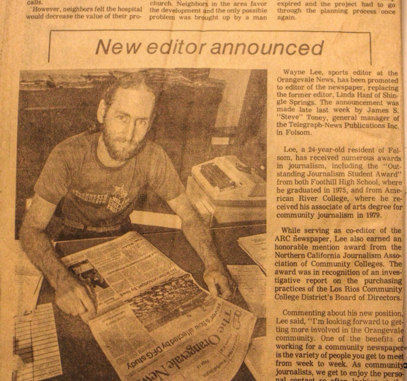 photo of the front page of an old newspaper with a picture of wayne lee with a headline reading "new editor announced."